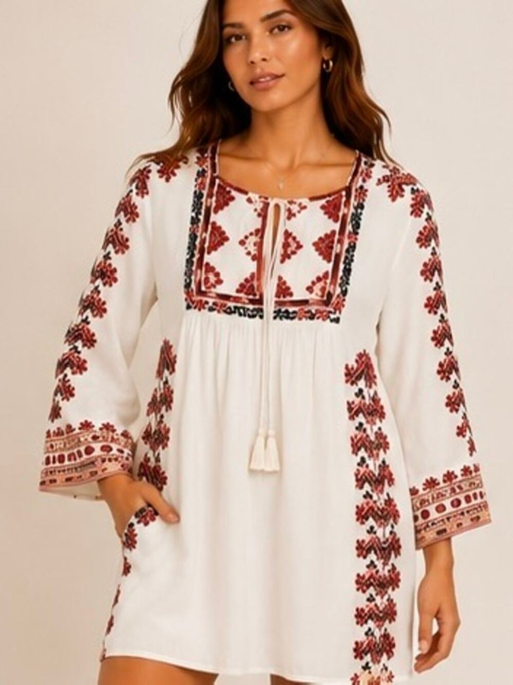 Free People Starlight Embroidered Boho Mini Dress Tunic Small White Red Pockets
